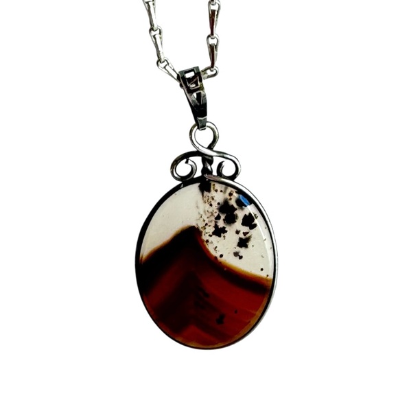 Vintage Jewelry - Vintage Montana Picture Agate Necklace Mountain Scene Sterling Silver Pendant